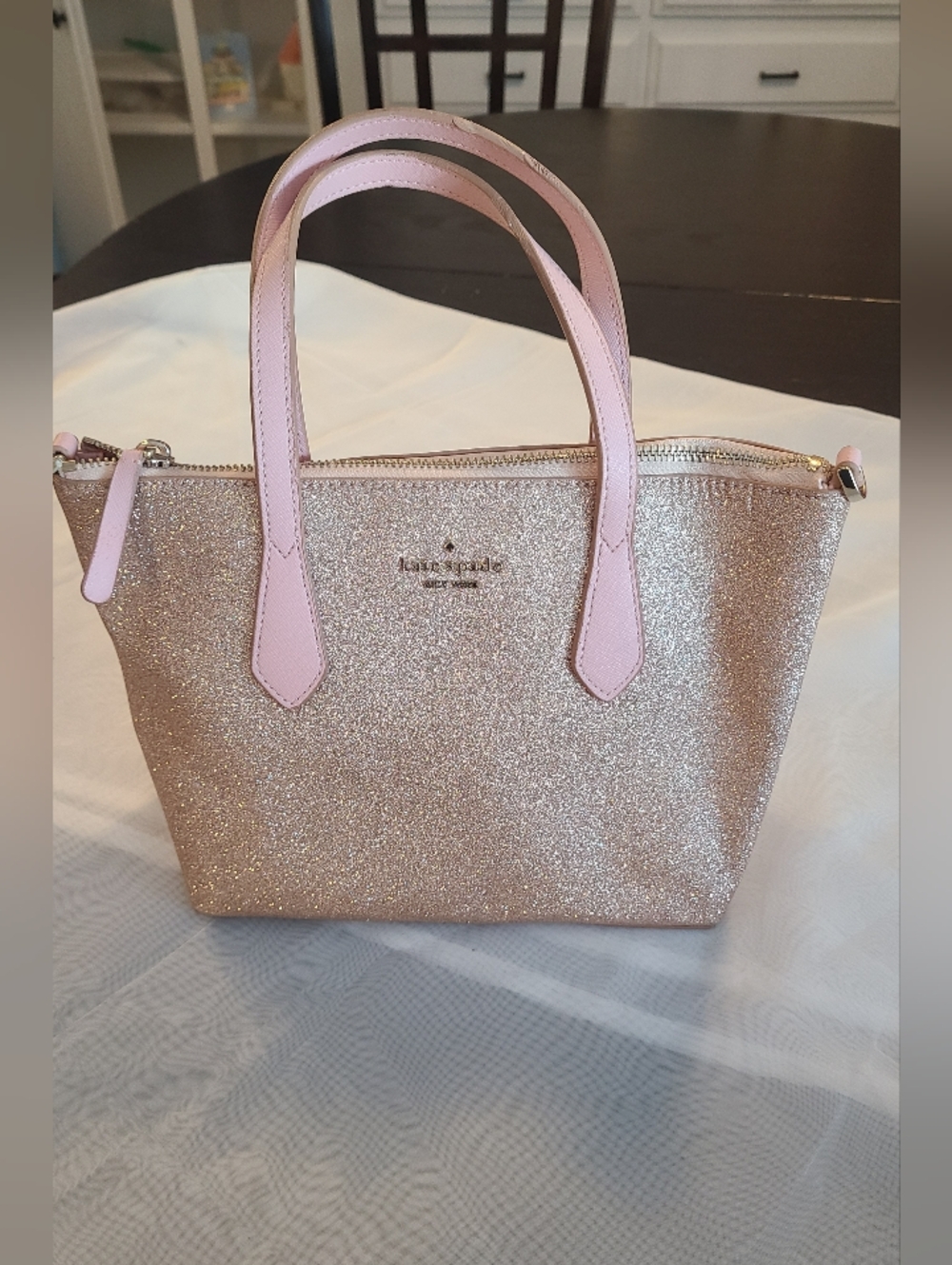 NWT kate spade Joeley Rose Gold Glitter Small Satchel couple call outs